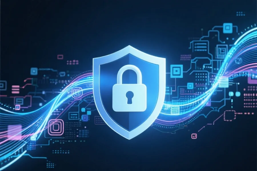 抽象风格的数字安全盾牌与锁，象征网络安全，前景为数据流动的线条