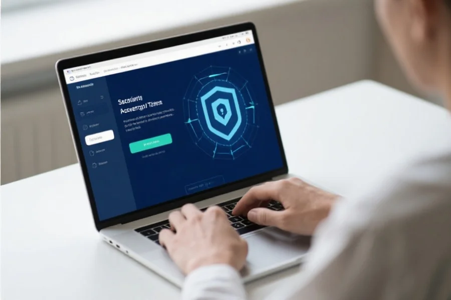 一位用户在安静的环境中通过笔记本电脑操作现代化网络平台，屏幕上显示着安全提示与易用界面